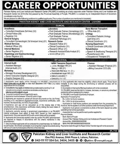 Pakistan Kidney and Liver Institute Jobs 2025