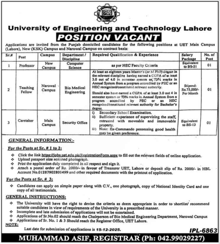 Online Application Process UET Lahore Jobs 2025