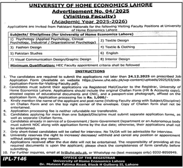 University of Home Economics Lahore Jobs 2025 advertise