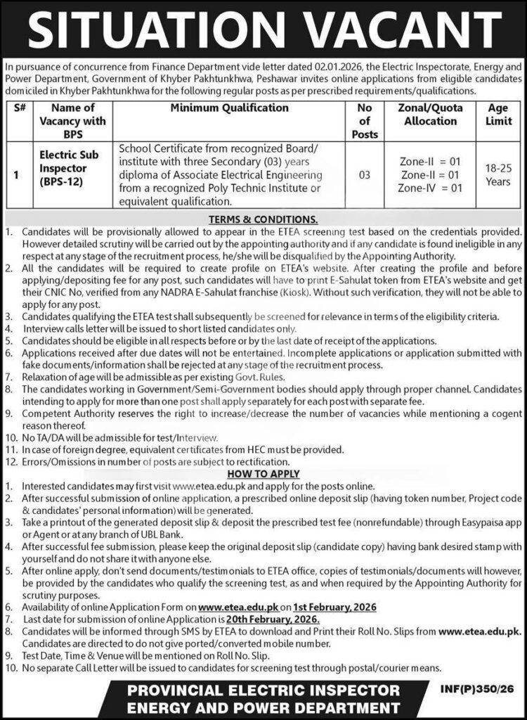 Electric Inspectorate KP JOB ADVERTISEMENT