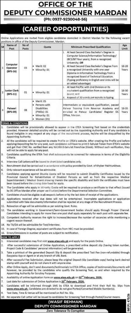 Deputy Commissioner Mardan Jobs 2026 Advertisement