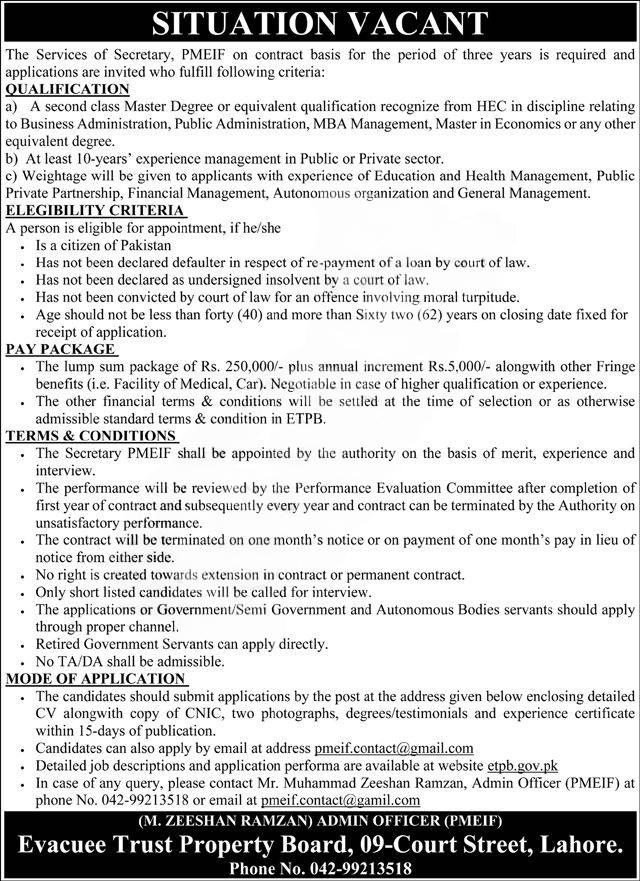 Secretary PMEIF Jobs 2026, Evacuee Trust Property Board, Lahore)