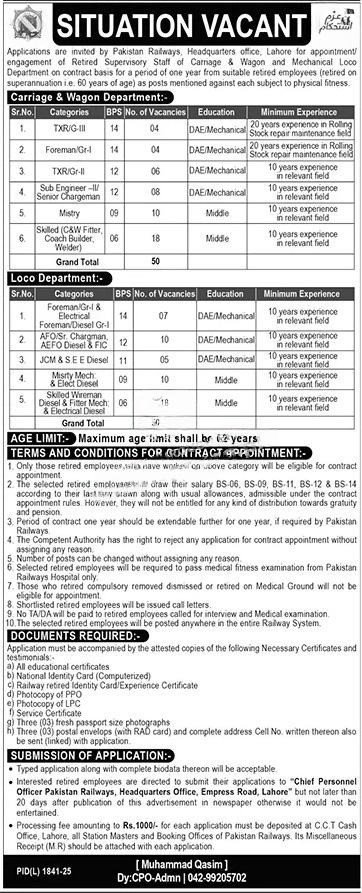 Pakistan Railways Jobs 2026 – Retired Employees Contract Vacancies, Carriage & Wagon and Loco Department
