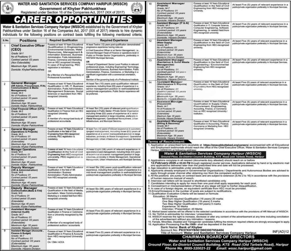 Water & Sanitation Services Company Haripur Jobs 2026 advertise