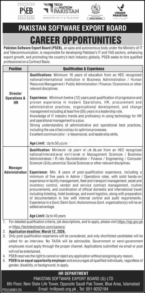 PSEB Jobs 2026 Pakistan Software Export Board advertisement