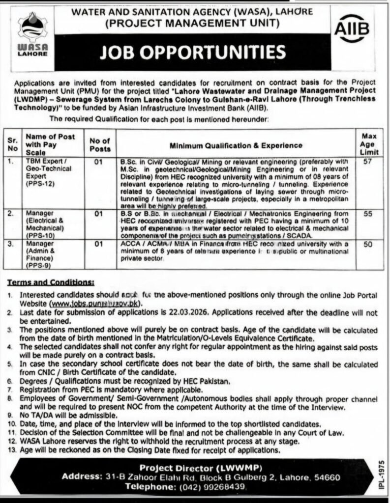 Punjab Government WASA Jobs Advertisement 2026