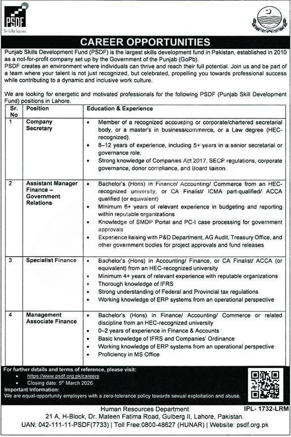PSDF Jobs 2026 advertisement Punjab Skills Development Fund Lahore latest government jobs apply online