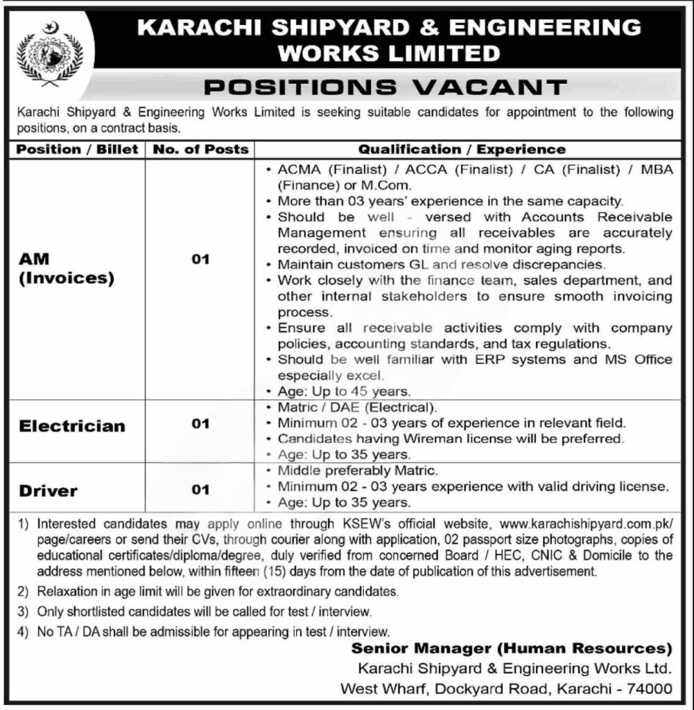 Karachi Shipyard Engineering Works Limited Jobs 2026 advertisement