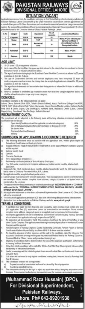 Pakistan Railways Lahore Division Jobs 2026 Advertisement