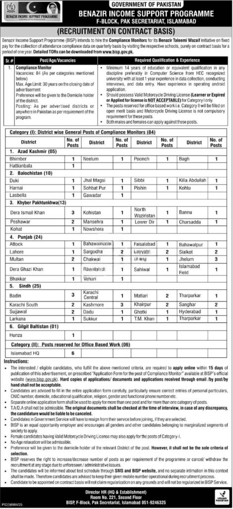 Benazir Income Support Programme BISP Jobs 2026 Compliance Monitor Advertisement