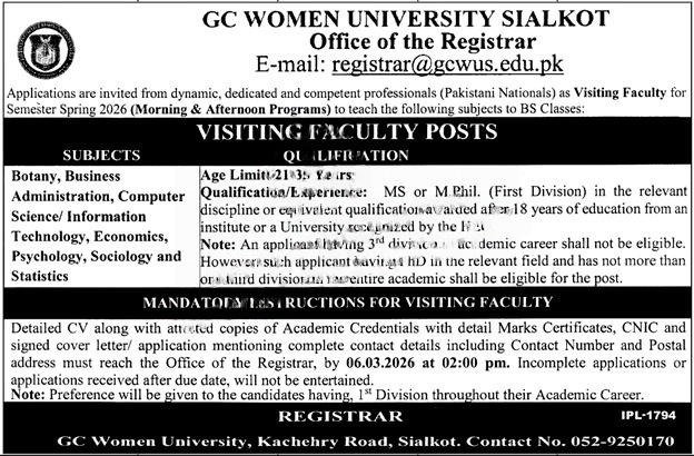 GC Women University Sialkot Visiting Faculty Jobs 2026 ad