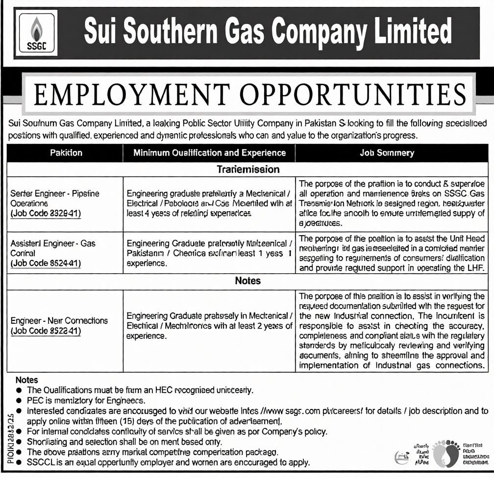 SSGC Gas Transmission Engineer Vacancy