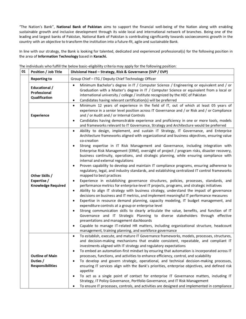 National Bank of Pakistan Jobs 2026 Divisional Head Strategy Risk and Governance IT Advertisement