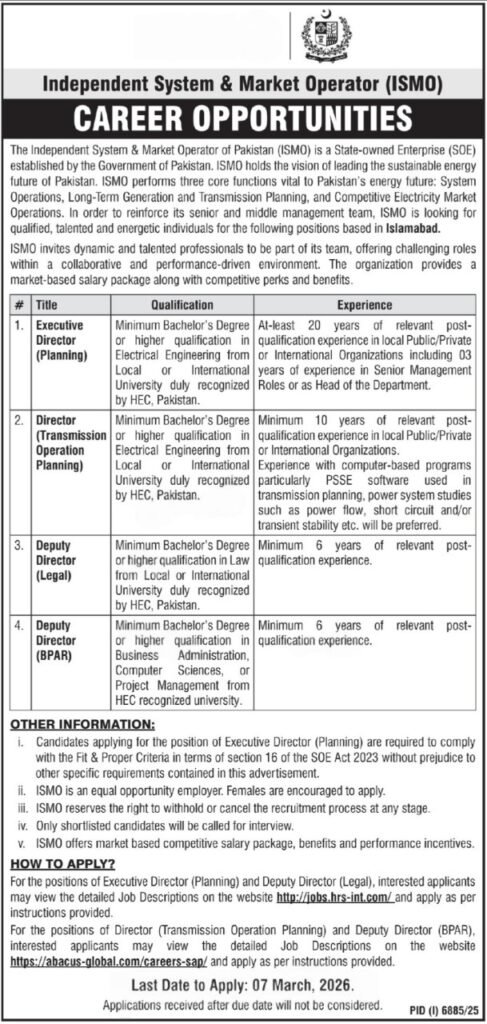 ISMO Jobs 2026 Islamabad, Energy Sector Government Jobs Pakistan.