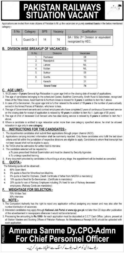 Pakistan Railways Jobs 2026 Guard Grade-1 official advertisement