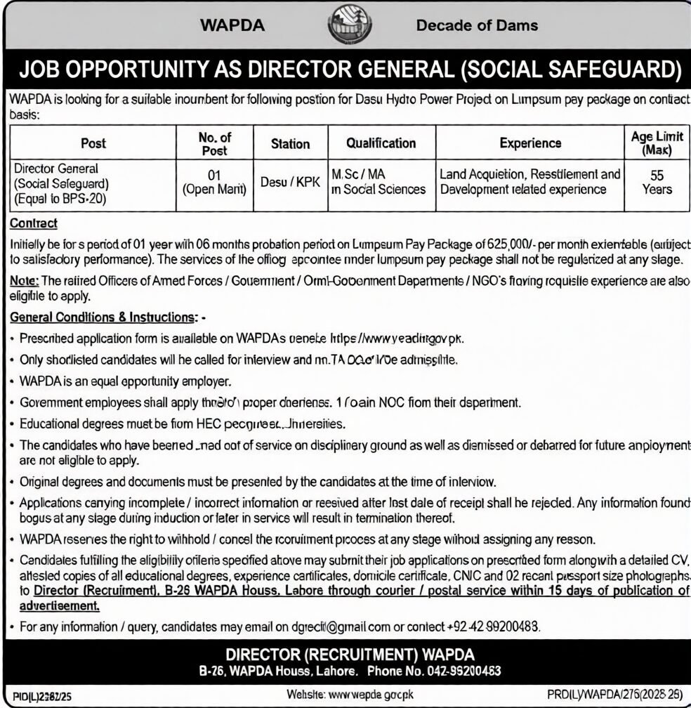 WAPDA Director General Social Safeguard Jobs 2026 Advertisement