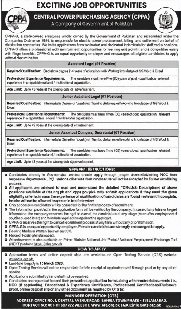 CPPA Jobs 2026 Central Power Purchasing Agency CPPA-G Government Jobs Pakistan Apply via OTS