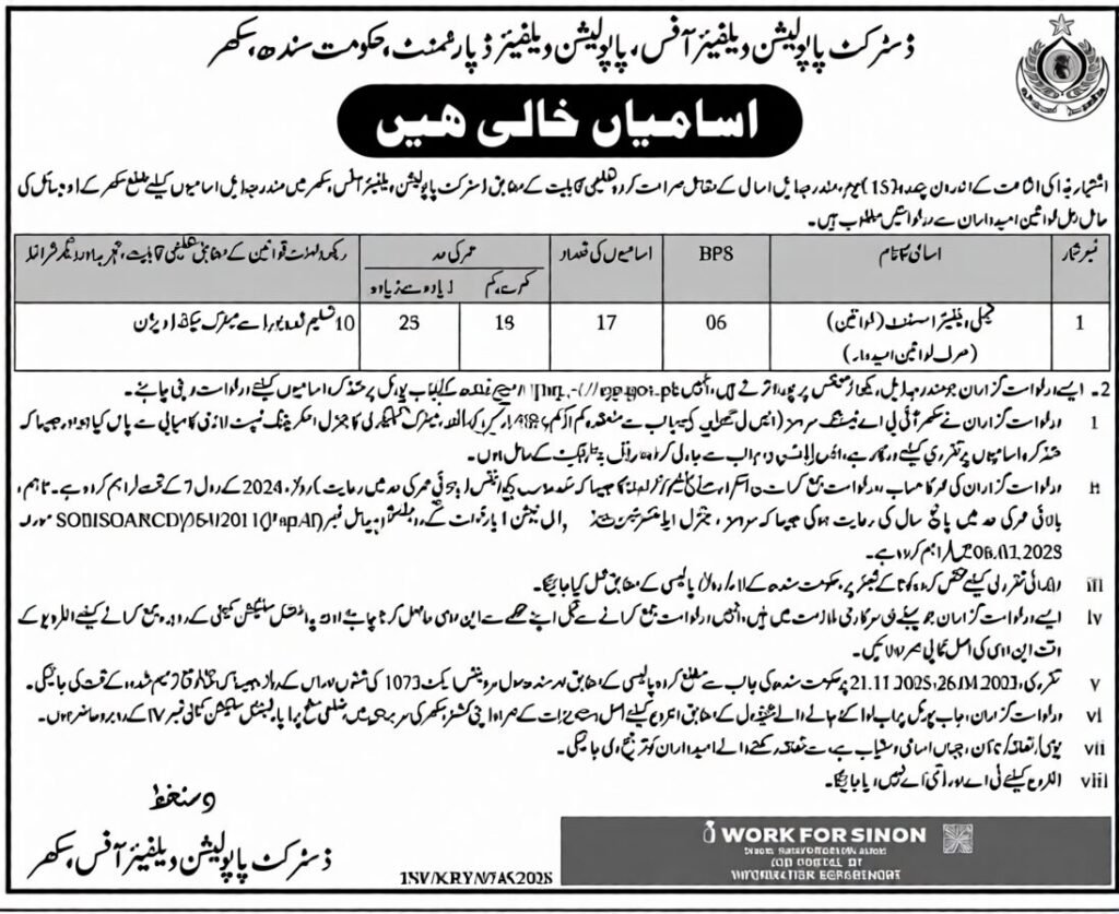District Population Welfare Office Sukkur Jobs 2026 advertisement