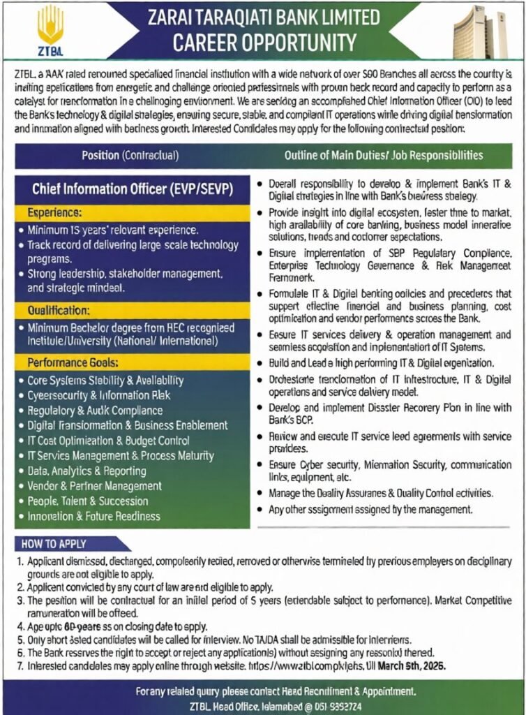 Zarai Taraqiati Bank Limited CIO Recruitment 2026