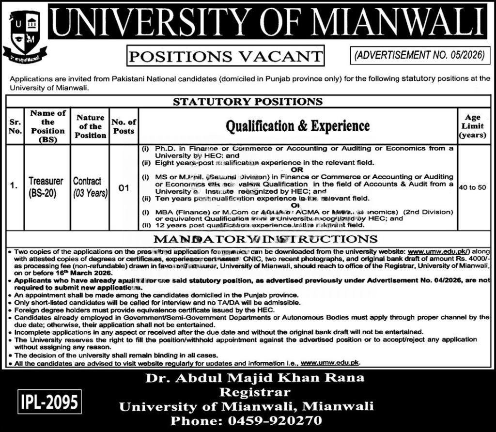 University of Mianwali Treasurer Jobs 2026 Advertisement
