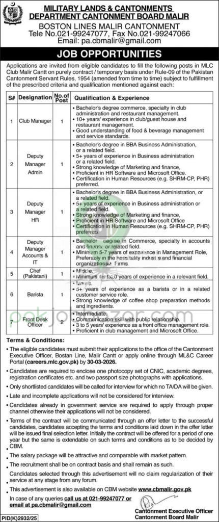 Cantonment Board Malir Jobs 2026 official advertisement
