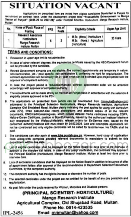 Mango Research Institute Multan Jobs 2026 official advertisement