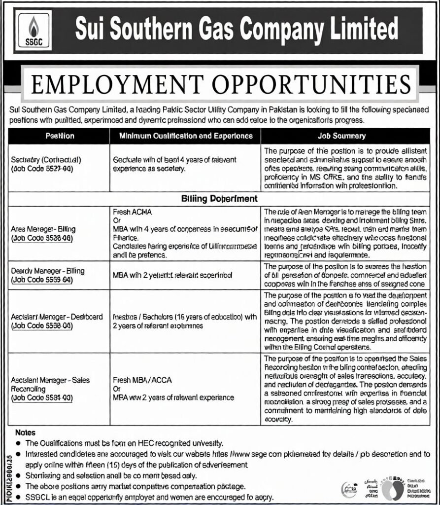 SSGC Deputy Manager Billing Job ADVERTISEMENT