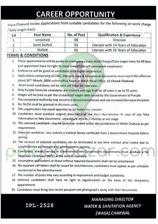  WASA Chakwal Water and Sanitation Agency Jobs 2026 official advertisement Punjab Pakistan