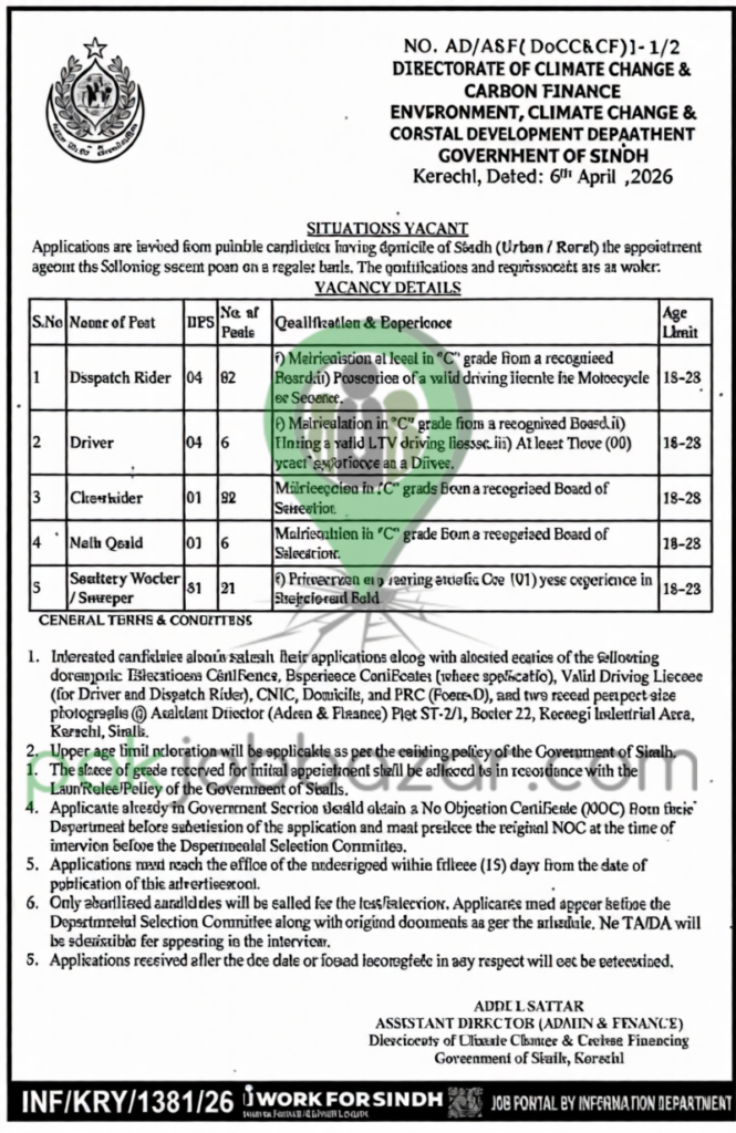 Directorate of Climate Change & Carbon Finance Sindh job advertisement