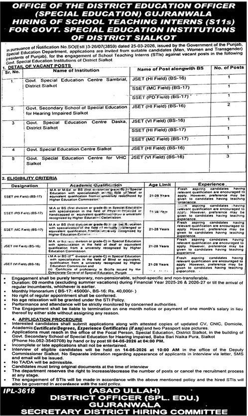 district Education Officer Special Education Gujranwala Jobs 2026 Sialkot advertisement