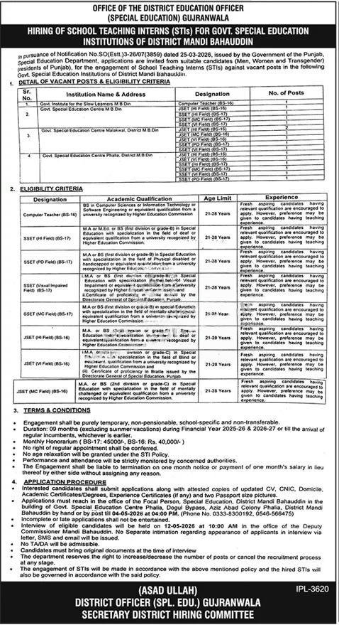District Education Officer Special Education Gujranwala Jobs 2026 advertisementDistrict Education Officer Special Education Gujranwala Jobs 2026 advertisement
