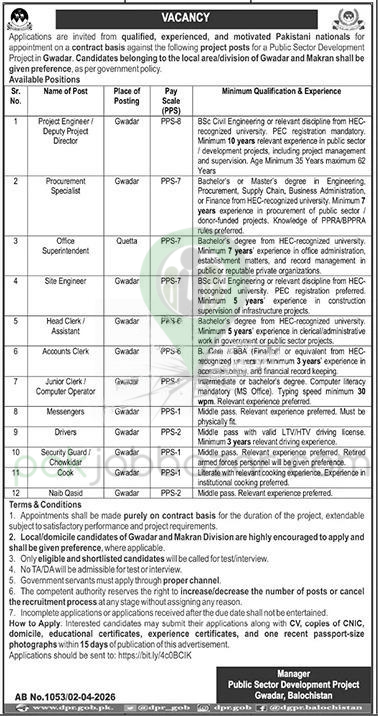 Public Sector Development Project Gwadar Jobs 2026 advertisement