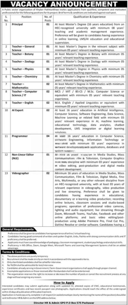 Khyber Pakhtunkhwa Public Sector Organization Jobs 2026 official advertisement for teaching and IT posts