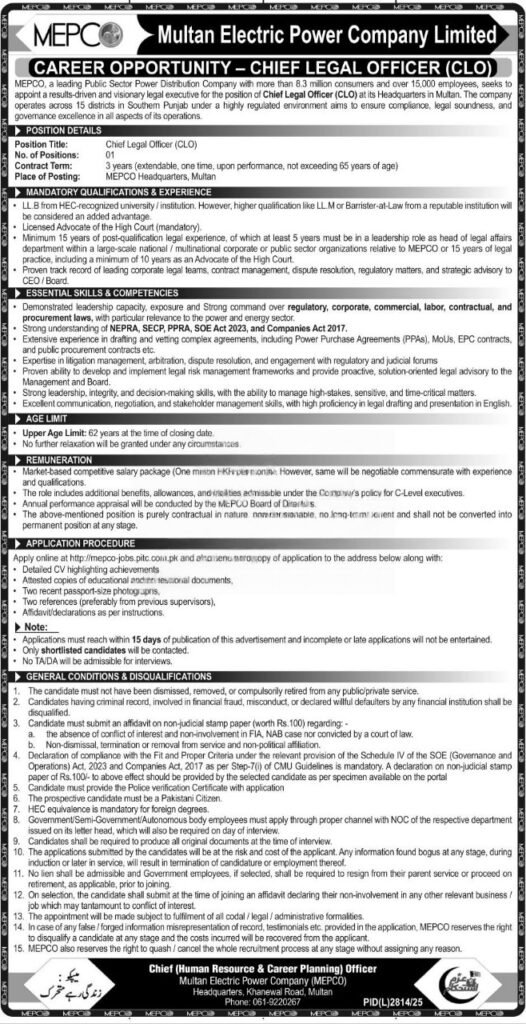 MEPCO Chief Legal Officer Jobs 2026 official advertisement Multan Pakistan