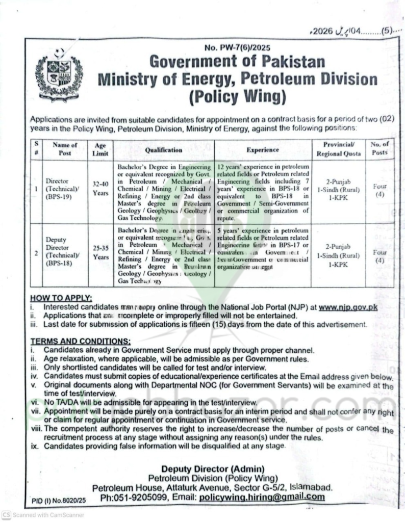 Ministry of Energy Petroleum Division Jobs 2025 official advertisement
