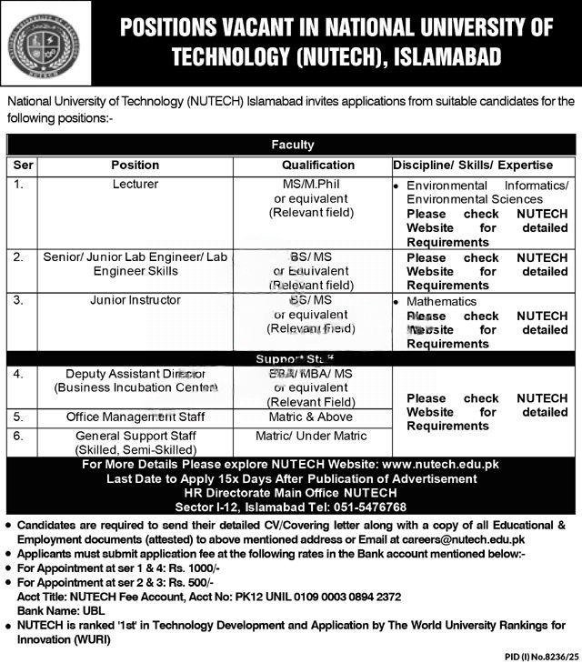 National University of Technology NUTECH Islamabad Jobs 2026 official advertisement