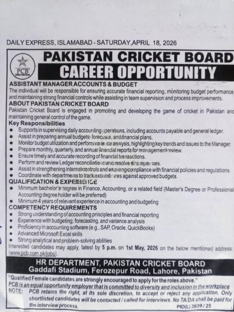 Pakistan Cricket Board Jobs 2026 official advertisement for Assistant Manager Accounts & Budget