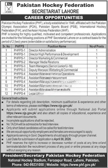 Pakistan Hockey Federation Jobs 2026 official advertisement Lahore contract vacancies