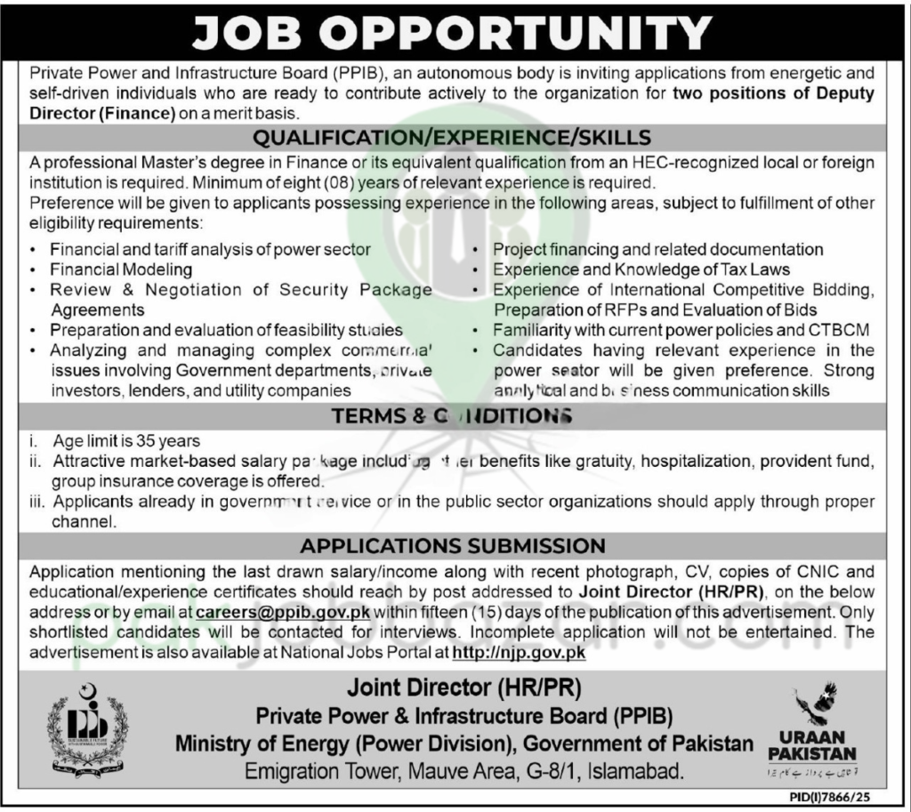 PPIB Jobs 2026 – Deputy Director Finance official advertisement by Private Power and Infrastructure Board Pakistan