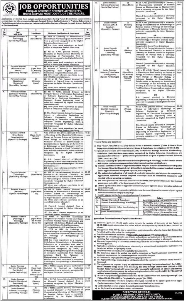 Punjab Forensic Science Authority Jobs 2026 official advertisement Lahore Pakistan