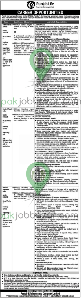 Punjab Life Insurance Company Limited Jobs 2026 official advertisement