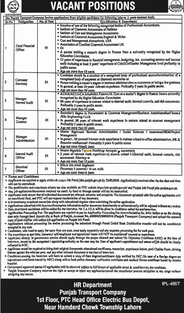 Punjab Transport Company Jobs 2026 Advertisement