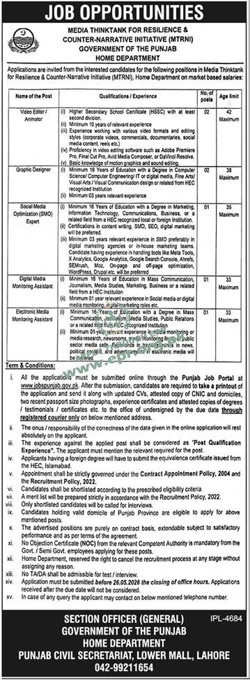 MTRNI Home Department Jobs 2026 Advertisement