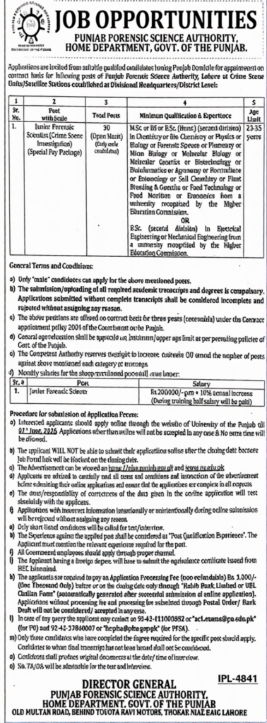 Punjab Forensic Science Authority Jobs 2026 advertisement showing Junior Forensic Scientist vacancies in Lahore Crime Scene Units under Home Department Punjab Government.