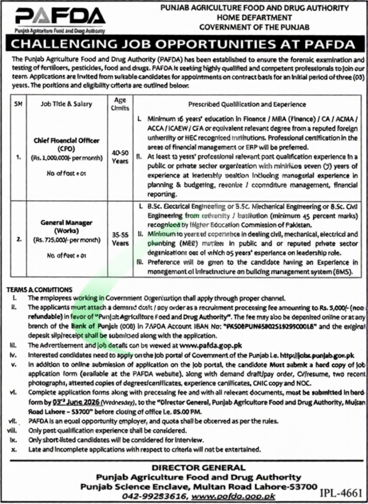 PAFDA Jobs 2026 advertisement in Punjab