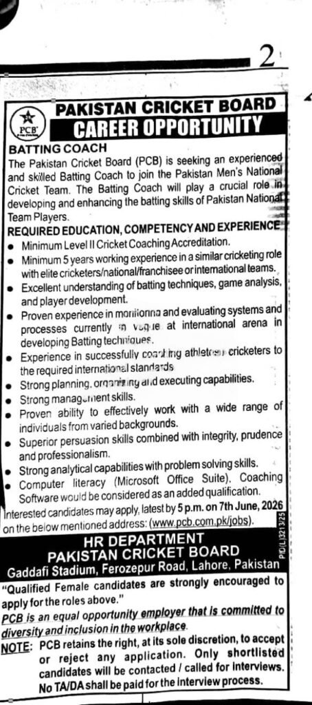 Pakistan Cricket Board Jobs 2026 Batting Coach advertisement