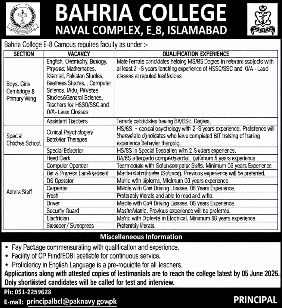 Bahria College Islamabad admission and notice board jobs announcement