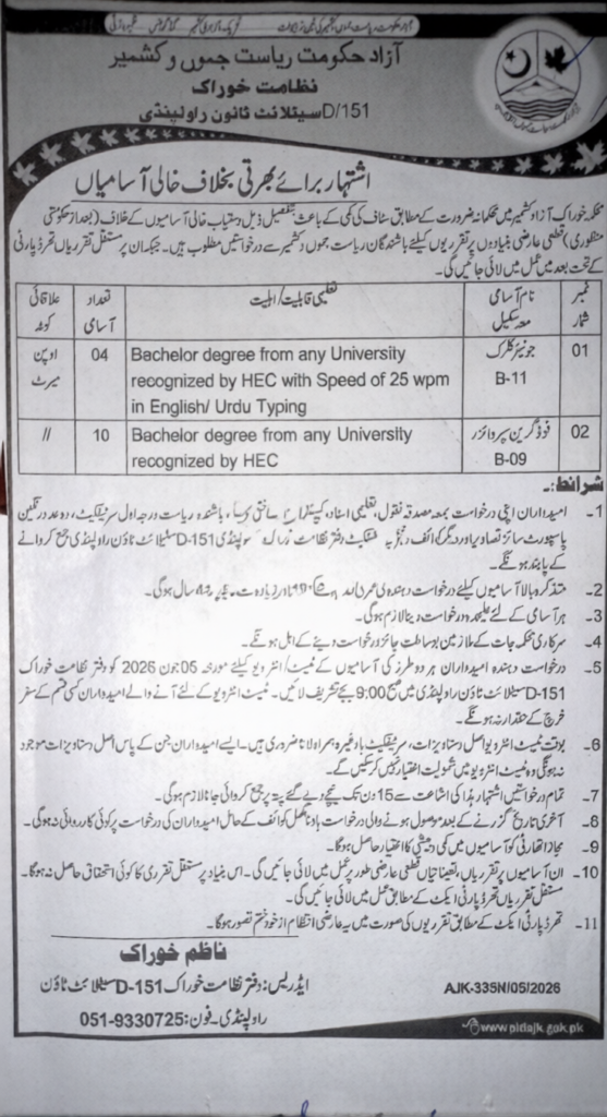 AJK Food Department Jobs 2026 Advertisement