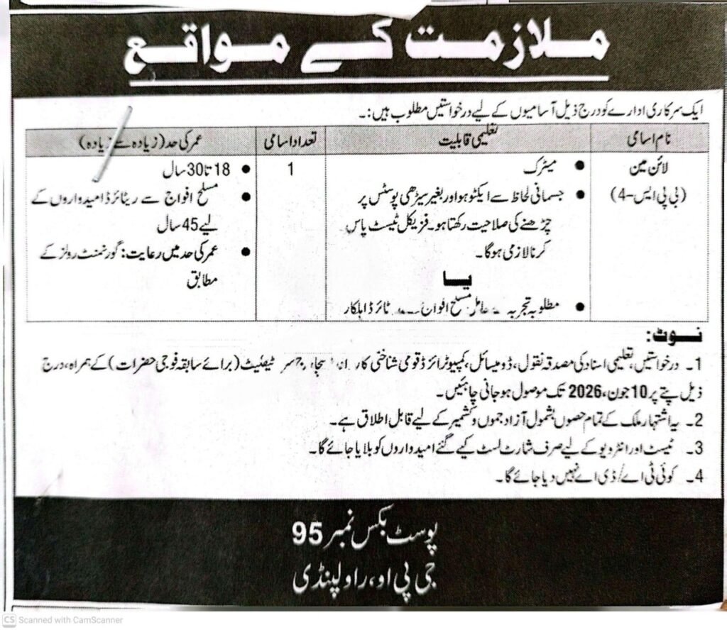 Official advertisement for Line Man Jobs 2026 in Pakistan showing BPS-04 government vacancies for matric pass candidates through postal application process.