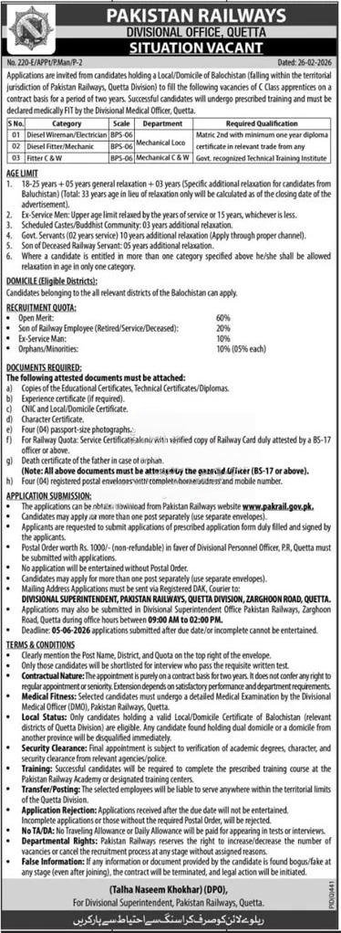 Pakistan Railways job advertisement